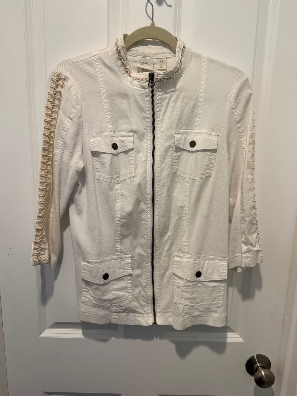 Chico's White Utility Zip Jacket with Trim